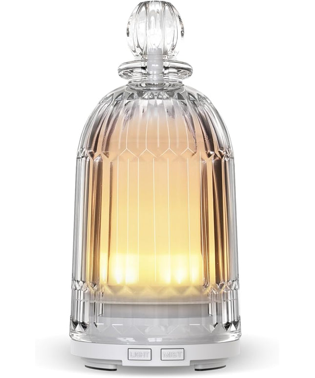 Glass Essential Oil Diffuser, Aroma Diffusers with Glass Cover & Plastic Reservoir Small Humidifiers with 7 Color LED Lights Auto-Off for Home Office Bedroom Yoga 120ml(White Bottom)