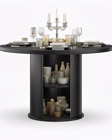 Farini 43" Round Dining Table for 4-6 with Storage Space,Modern Kitchen Room Table with Wood Top & Sturdy Metal Base,Black
