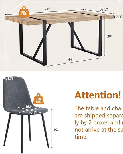 Dining Table Set for 6，Dinner Table Set for 6，71'' Kitchen Table and Suede Nap Fabic Chairs Set of 6，6 Chair Dining Table Set for Kitchen Dining Room