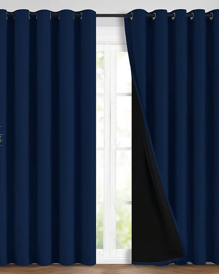 Yakamok 100% Blackout Lined Panels, Room Darkening Thermal Insulated Blackout Curtains for Bedroom, Heat Blocking Drapes for Living Room(62Wx84L, Navy Blue, 2 Panels)