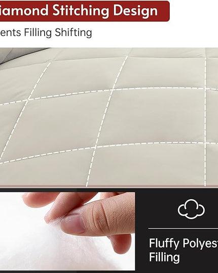 MUXHOMO 7 Pieces California King Comforter Set, Reversible Bed in a Bag Cal King Size, All Season Bedding Set with Comforter, Flat Sheet, Fitted Sheet, Pillowcases & Shams, Beige & White