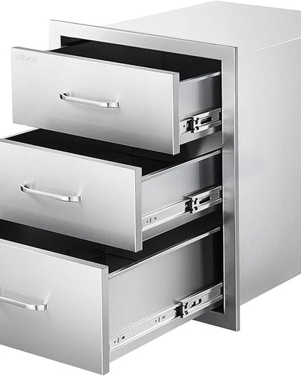 VEVOR Outdoor Kitchen Drawers 18.11" W x 23.23" D x 23.23" H, Triple-Access Stainless Steel BBQ Drawers with Handles, BBQ Island Drawer for Outdoor Kitchens or Barbeque Island Patio Grill Station