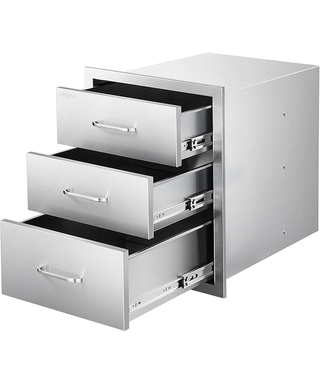 VEVOR Outdoor Kitchen Drawers 18.11" W x 23.23" D x 23.23" H, Triple-Access Stainless Steel BBQ Drawers with Handles, BBQ Island Drawer for Outdoor Kitchens or Barbeque Island Patio Grill Station
