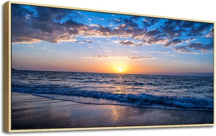 Natural Wood Framed Wall Decor Living Room Large Size Canvas Wall Art For Bedroom Office Wall Decorations Blue Sea Beach Pictures Artwork Sunny Ocean Painting Modern Room Home Decor 24" X 48"
