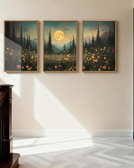 ANHUIB Large Wildflower Wall Art Mountain Floral Wall Decor Pine Tree Paintings Set of 3 for Living Room Bedroom Dining Room 16x24 Inch