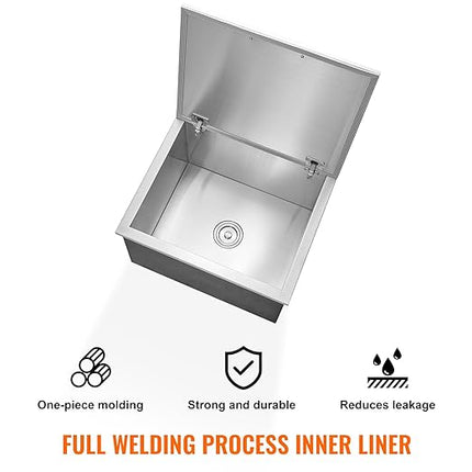 VEVOR Drop in Ice Chest, 28"L x 16"W x 17"H Stainless Steel Ice Cooler, Commercial Ice Bin with Hinged Cover, 40 qt Outdoor Kitchen Ice Bar, Drain-Pipe and Drain Plug Included, for Cold Wine Beer