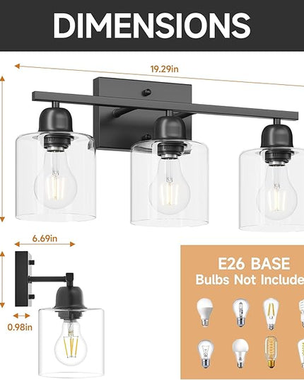 Modern 3 Light Bathroom Light Fixtures, 19 inch Black Vanity Lights For Bathroom With Clear Glass, Bathroom Lighting Fixtures Over Mirror For Mirror Kitchen Living Room Hallway Cabinet Porch