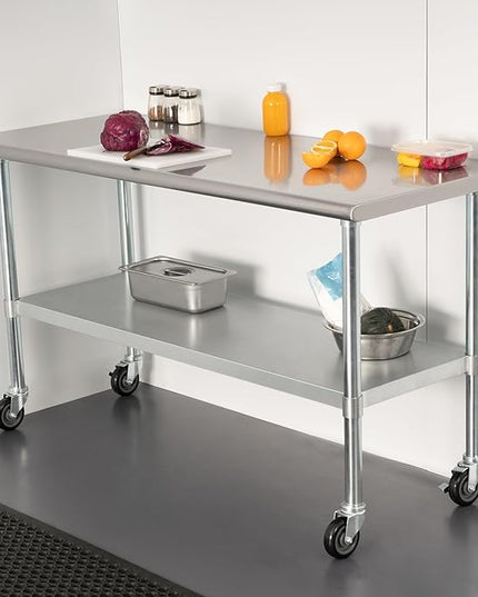 HARDURA Stainless Steel Table with Wheels 30 x 60 Inches Casters NSF Heavy Duty Commercial Work & Prep Table with Undershelf and Galvanized Legs for Restaurant Kitchen Bar and Hotel Garage