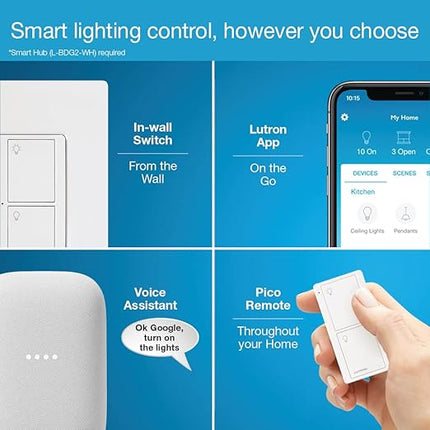 Lutron Caseta Original Smart Switch (Lutron Smart Hub Required), for LED Lights and Fans, 6 Amp, Single-Pole/3-Way, Neutral Required, PD-6ANS-WH-2, White, 2 Pack