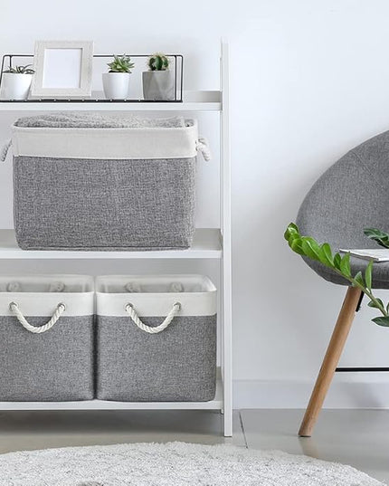 TheWarmHome Organization and Storage Basket for Organizing - 3 Pack 16x12x12 inch Cube Storage Bin Fabric Storage Cubes for Organizer Cloth Gift Toy Closet (White & Grey)