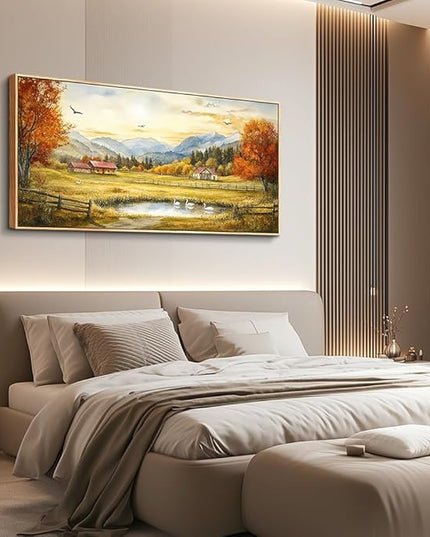 PHAOHUAXM Large Canvas Wall Art For Living Room Wall Decor For Office Decorations For Bedroom Ink-Wash Landscape Paintings Artworks Restaurant Kitchen Mural Modern Home Decor 20"X40" Wood Framed