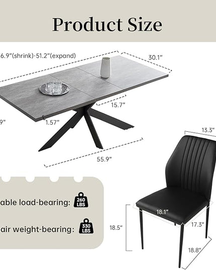 ZckyCine 6-8 Person Modern Rectangular Dining Table Set, 51-67 Inch Expandable Space-Saving Metal Frame Dining Table with Gray Table and 6 Black Chairs for Kitchen or Dining Room