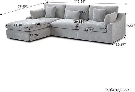 Cloud Couch Modular Sectional Sofa,119.29" L Shaped Couch, Oversized Down Filled Convertible Wide Seater,3 Seater with 1 Ottoman for Living Room Set, Covers Washable&Replaceable,Grey