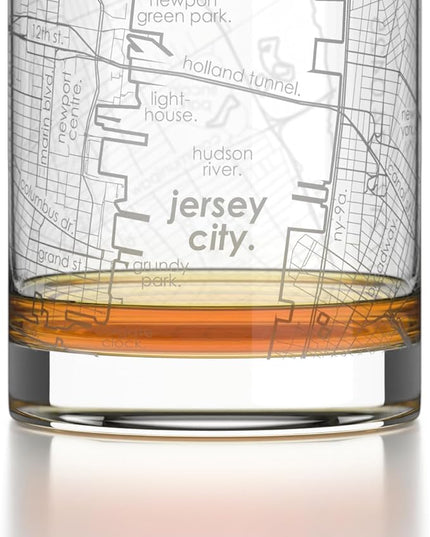 Well Told Engraved Jersey City New Jersey Map Rocks Glass, Old Fashioned Glassware (11 oz, Clear) Etched Bourbon Tumbler, Gifts For Whiskey Lovers