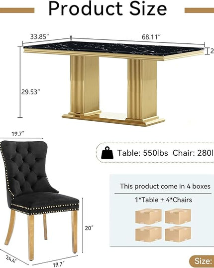 HomVent 68.11'' Faux Marble Dining Table Set for 4, Modern Rectangle Kitchen Table Set with Faux Marble Table Top & Stainless Steel Base for Kitchen Dining Room
