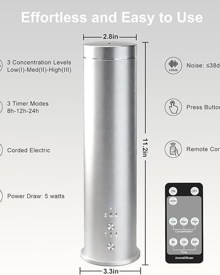 Waterless Essential Oil Diffuser Large Room Scent Diffuser for Home, Office, Hotel and Spas - Aromatherapy Diffuser Fragrance Oil Machine, Remote Control, Timer, Silver