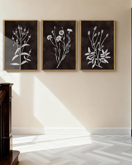Extra Large Black and White Floral Wall Art Framed Botanical Wall Decor 3 Pieces for Bathroom Living Room Bedroom 24x36 Inch