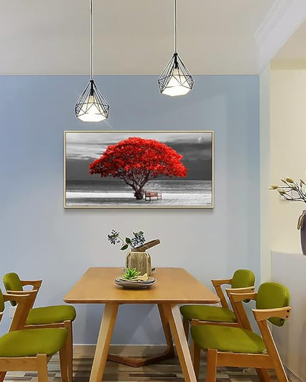 Framed Wall Decor Living Room Large Size Canvas Wall Art Black White With Landscape Moon Painting Red Trees Canvas Pictures Artwork Office Decor Boho Home Decorations Natural Wood Framed 20" X 40"