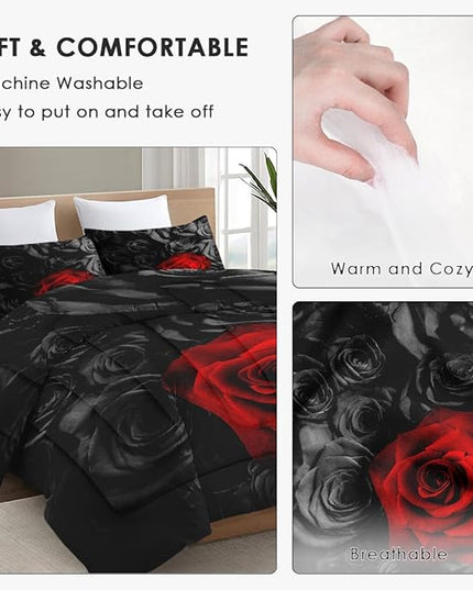 Twin Size Comforter Set with Pillowcase, Red Rose Flower 2 Pcs Bedding for Kids and Adults, Summer Vintage Floral Soft Comforter Set for Bedroom Bed Decor