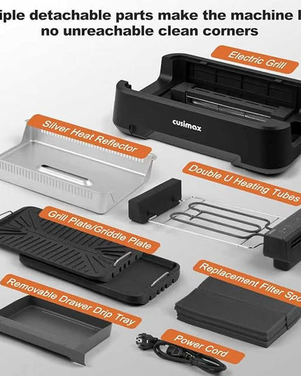 Indoor Grill, CUSIMAX Electric Smokeless Grill & Griddle with REPLACEABLE Smoke Filter Sponge, 1500W Korean BBQ Grill, Smart LED Display, Larger Grilling Area, Black(New Model)