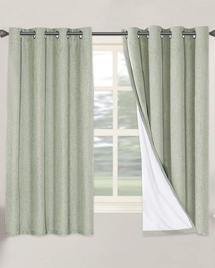 H.VERSAILTEX Linen Blackout Curtains 63 Inches Long 100% Absolutely Blackout Thermal Insulated Textured Linen Look Curtain Draperies Anti-Rust Grommet, Energy Saving with White Liner, 2 Panels, Sage