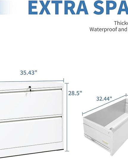 File Cabinets 2 Drawer, Metal Office Storage Filing Cabinet with Lock, White Lateral Filing Cabinet for Home Office,Horizontal Two Drawer File Cabinets for Legal/Letter,Assembly Require,White