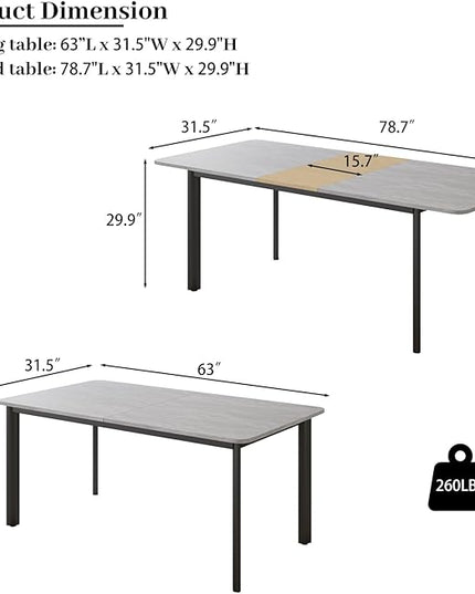 63"- 78.7" Extendable Dining Table, Thickened Expandable MDF Wooden Kitchen Table with Metal Legs, Scratch-Resistant, Easy to Clean