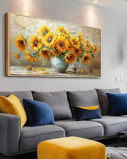 PHAOHUAXM Large Canvas Wall Decor For Living Room Wall Art Vintage Printing Yellow Flower Paintings Dining Room Bedroom Bathroom Kitchen Wall Painting Home Decor Wood Frame Ready To Hang 24x48 In
