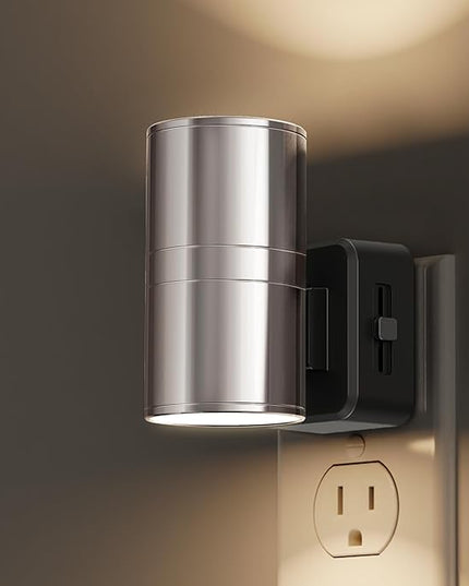 L LOHAS LED Night Light, Night Lights Plug into Wall, 1-Pack, Smooth Silver Glossy Plating Metal-Shade Nightlight, Light Sensor, Soft White 3000K, Dimmable Night Light Plug in for Hallway Bedroom