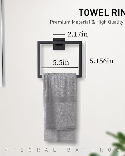 Bathroom Accessory Towel Bar Set: 5 Pieces Matte Black Square Bathroom Hardware SUS304 Stainless Steel - 24 Inch Wall Mounted Towel Rack&Toilet Paper Holder&Towel Ring and Towel Hook