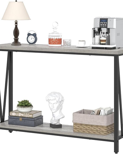 FOLUBAN Industrial Sofa Console Table, Rustic Wood and Metal Entryway Hallway Table for Living Room Entrance, 43.3 Inch Light Grey