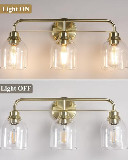 3 Light Gold Vanity Lights for Bathroom, Bathroom Light Fixtures Over Mirror with Clear Glass Shade, Ceramic E26 Sockets Wall Mounted