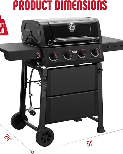 4-Burner Gas BBQ Grill with Side Table, 36,000 BTU Outdoor Propane Grill with Enameled Coated Chamber Body, Premium Porcelain-Enameled Grates for Backyard, Patio, Camping Barbecue, Black