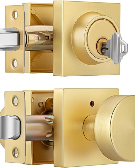 Brushed Gold Door Knobs with Deadbolt, Heavy Duty Front Door Knob and Deadbolt Set, Exterior Door Knob with Single Cylinder Deadbolt Lock Set (1 Pack)