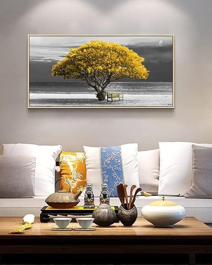 Framed Canvas Wall Art For Living Room Large Wall Decor For Bedroom Black And White Wall Painting Office Decoration Boho Home Decor Yellow Trees Scenery Pictures Artwork Natural Wood Framed