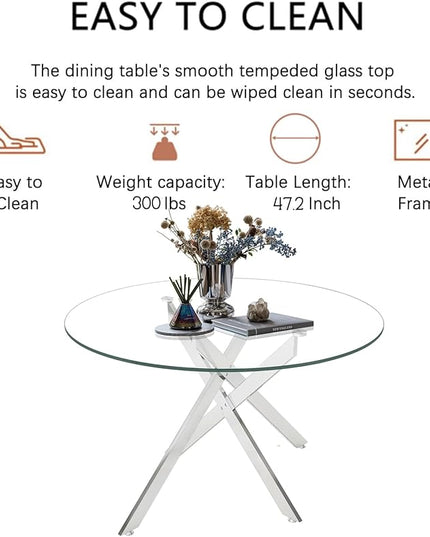 5 Piece Round Dining Table Set for 4, Modern Glass Kitchen Dining Room Table Set for 4, 47" Circle Silver Glass Metal Dining Table with 4 White PU Leather Dining Chairs for Kitchen Dining Room