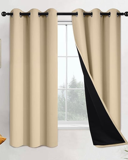 Yakamok Beige 100% Blackout Curtains, Thermal Insulated Total Blackout Drapes for Bedroom, Heat Blocking Window Curtains for Living Room(42Wx63L, 2 Panels)