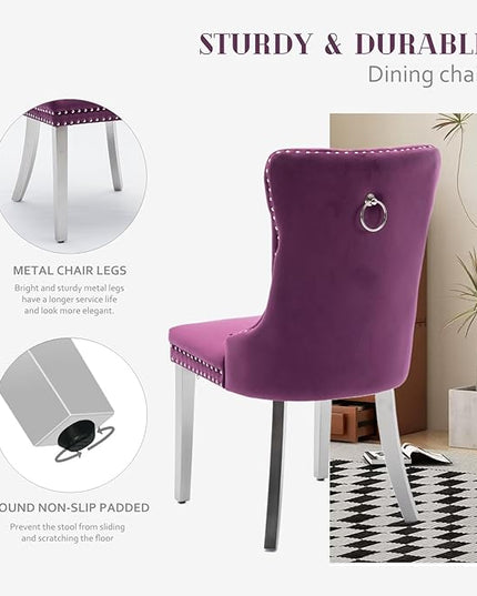 SoarFlash Velvet Dining Chairs Set of 2, Tall Back Side Chair, Modern Upholstered Side Chair with Button Back Ring, Silver Plated Stainless Steel Legs (Purple)