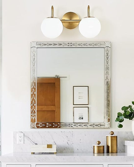 Modern Bathroom Vanity Light Fixtures 2 Lights Brushed Brass Milk White Globe Glass Shade Modern Wall Bar Sconce Lighting Bath Vanity Lights Over Mirror (Exclude G9 Bulb)