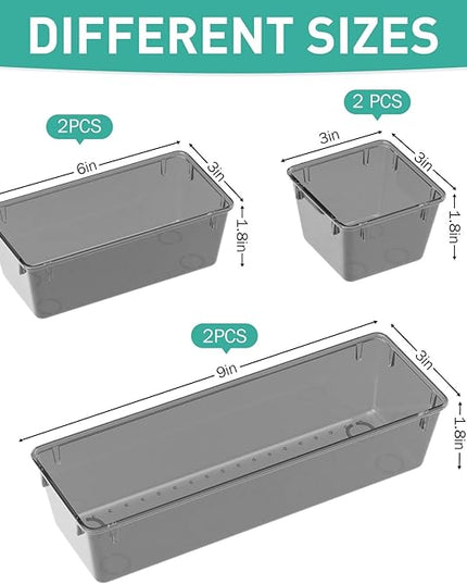 WOWBOX 6 Pack Clear Drawer Organizer Set, Acrylic Drawer Storage Trays, Storage Bins for Makeup, Cosmetics, Jewelries, Utensils, Gadgets, Office, Black
