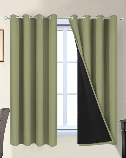 Yakamok 100% Blackout Window Curtain Panels, Heat and Full Light Blocking Drapes with Black Liner for Nursery,Thermal Insulated Draperies (Sage, 2 Pieces, 52Wx63L)