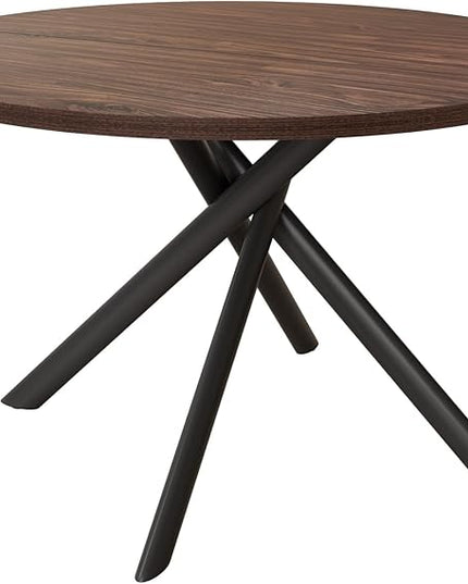 45.3 Inch Modern Round Dining Table for 4, Space-Saving Dinette with Carbon Steel Legs for Home Kitchen Apartment(Dark Walnut Table)