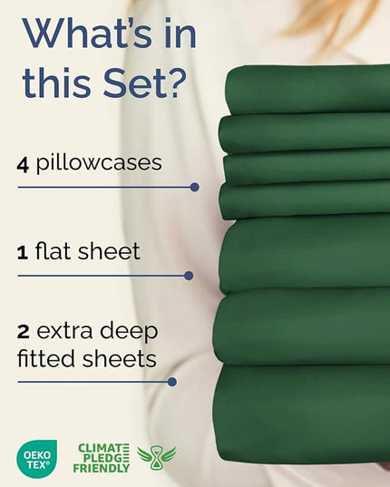 Extra Deep Split King Sheet Set - 7 Piece Breathable & Cooling Sheets - Hotel Luxury Bed Sheets Set - Easy Fit - Soft, Wrinkle Free & Comfy Sheets Set - Emerald Green Sheet Set w/Extra Deep Pockets