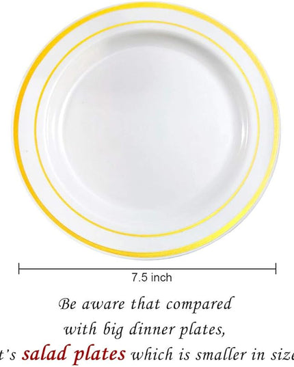 bUCLA 100Pieces Gold Plastic Plates -7.5inch White and Gold Disposable Salad/Dessert Plates - Ideal for Weddings, Party & Thanksgiving