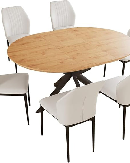 43.2"-59.1" Extendable Round Dining Table Set, Kitchen Table for 4-6 Person with Scratch-Resistant Thickened MDF Board, Oak Coffee Table w/Metal Legs