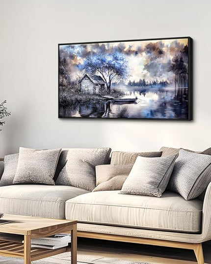 ERQINHUA Wall Art For Living Room Canvas Wall Decor For Bedroom Office Decoration Blue Tree Lakeside Landscape Painting Art Print Modern Beach Posters Ready To Hang Home Decor Black Frame 20"x40"