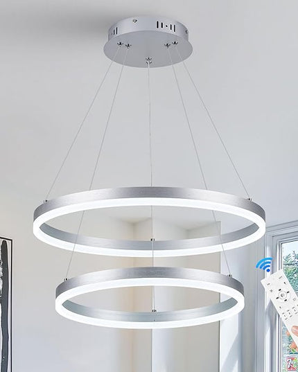2-Rings Modern LED Chandelier Silver for Dining Room, Circular Flush Mount Ceiling Chandelier Light Dimmable Pendant Light with Remote Control for Living Room Entrance Foyer, 3000K-6500K