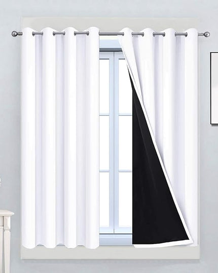 Yakamok Pure White 100% Blackout Curtains for Bedroom, Thermal Insulated Grommet Total Blackout Drapes with Black Liner for Living Room, 52W x 45L, 2 Panels