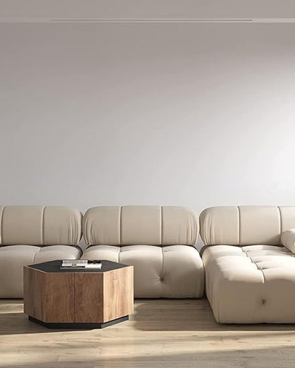 JACH L-Shaped Sectional Couch, 104'' Minimalist Velvet Floor Sofas Couches, Mid-Century Modular Sectional Sofa with Reversible Chaise Ottoman for Living Room, Apartment (3-Seat, 1 Ottoman, Beige)
