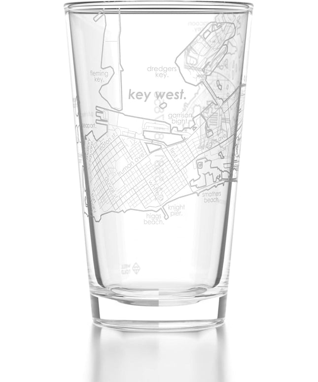 Well Told Engraved Key West Florida Map Pint Glass, Etched Beer Gift (16 oz, Clear) City Map Pint, Custom City Glassware, Gifts For Beer Lovers